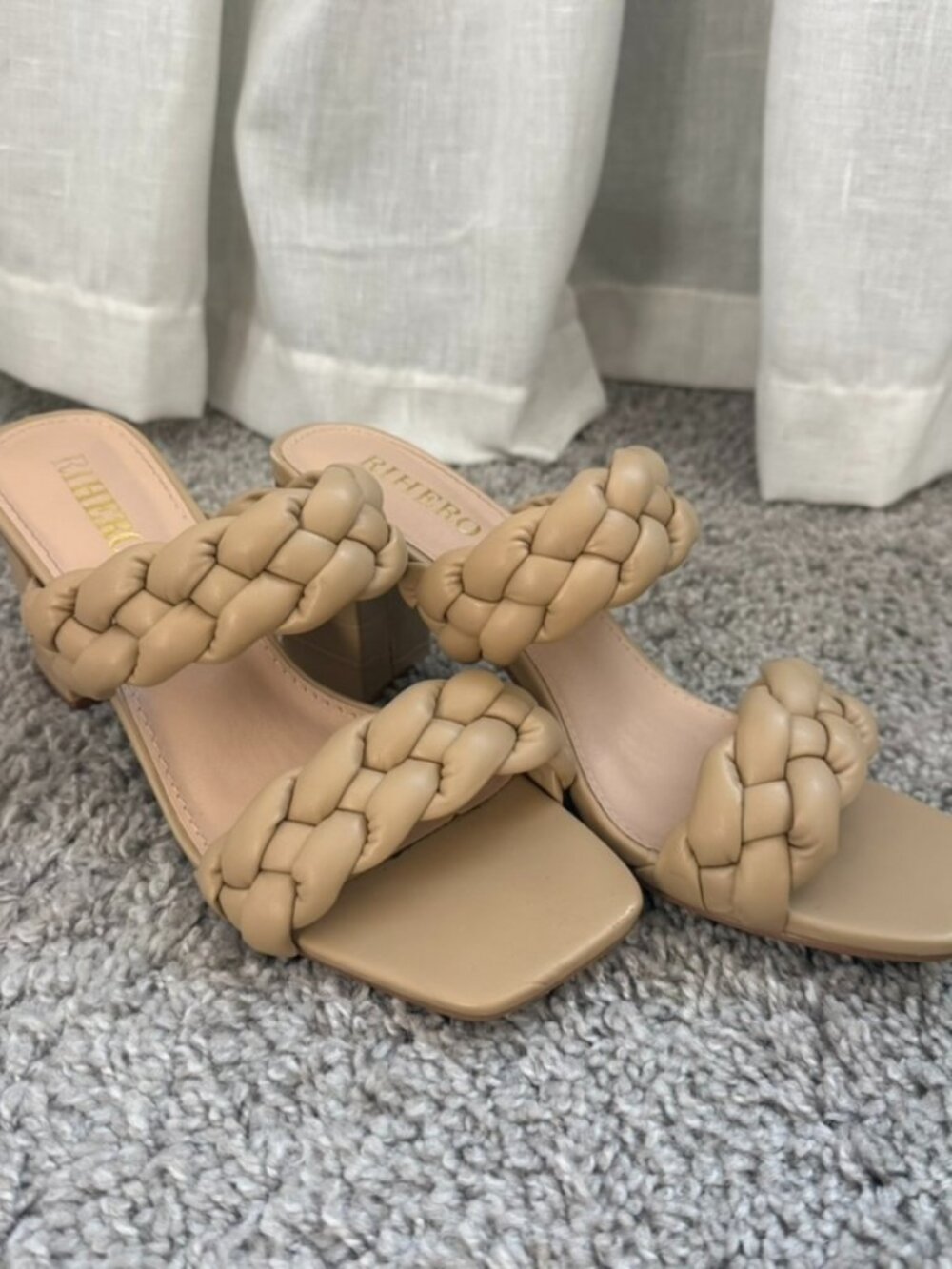 Women's Braided Heeled Sandals - Strappy Square Toe Slip On - Chunky Block Heels